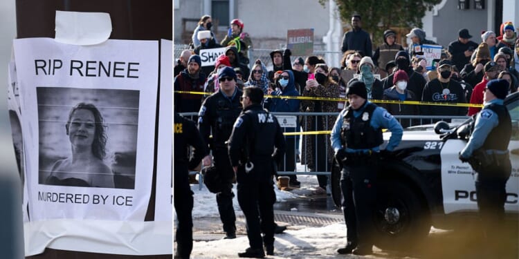Posters, left, depict Renee Good as an innocent martyr, as crowds, right, confront Minneapolis Police officers holding a perimeter after Good's fatal shooting Wednesday by an ICE agent during federal law enforcement operations in Minneapolis, Minnesota. New video shows Good and her lesbian partner aggressively taunting officers shortly before she was shot while steering her car at a federal agent.