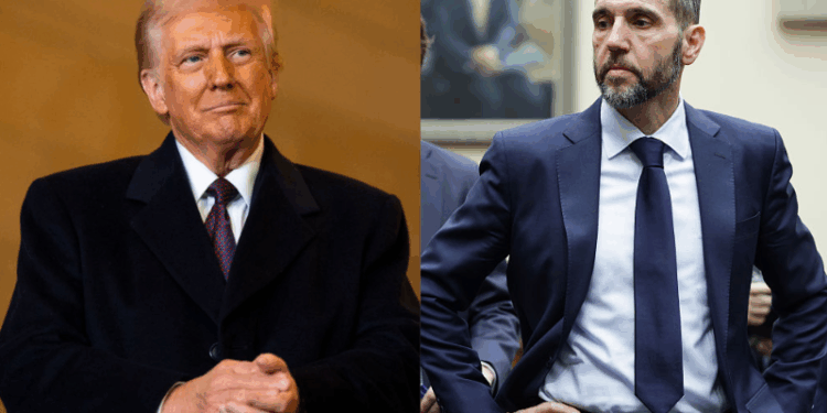US President Donald Trump waits to speak in Emancipation Hall during inauguration ceremonies at the US Capitol in Washington, DC, on January 20, 2025. (Photo by Greg Nash / POOL / AFP) (Photo by GREG NASH/POOL/AFP via Getty Images)/ Former Special Counsel Jack Smith arrives to testify during a hearing before the House Judiciary Committee in the Rayburn House Office Building on Capitol Hill on January 22, 2026 in Washington, DC. Smith testified on his team