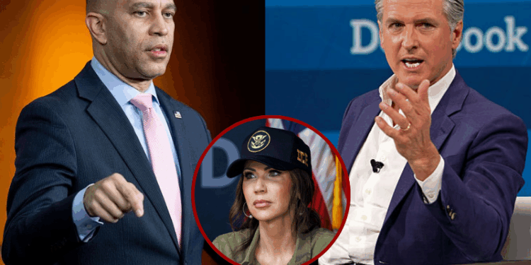 (R) US House Minority Leader Hakeem Jeffries, Democrat of New York, speaks at a press conference on Capitol Hill in Washington, DC, on January 8, 2026. (Photo by SAUL LOEB / AFP via Getty Images) / (L) Governor of California Gavin Newsom speak onstage during The New York Times DealBook Summit 2025 at Jazz at Lincoln Center on December 03, 2025 in New York City. (Photo by David Dee Delgado/Getty Images for The New York Times) / (C) U.S. Secretary of Homeland Security Kristi Noem at a roundtable discussion with local ranchers and employees from U.S. Customs and Border Protection on January 7, 2026 in Brownsville, Texas. (Photo by Michael Gonzalez/Getty Images)