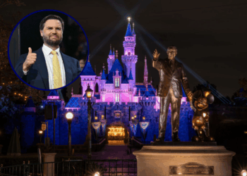 (Top left): J.D. Vance gives two thumbs at the Fiserv Forum in Milwaukee, Wisconsin, July 16, 2024. (Photo by ANGELA WEISS / AFP) / (Main photo) Sleeping Beauty Castle on April 26, 2021 at Disneyland Resort in Anaheim, California. (Photo by Christian Thompson/Disneyland Resort via Getty Images)