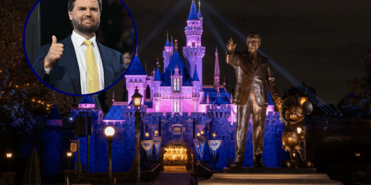 (Top left): J.D. Vance gives two thumbs at the Fiserv Forum in Milwaukee, Wisconsin, July 16, 2024. (Photo by ANGELA WEISS / AFP) / (Main photo) Sleeping Beauty Castle on April 26, 2021 at Disneyland Resort in Anaheim, California. (Photo by Christian Thompson/Disneyland Resort via Getty Images)
