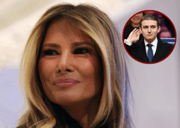 (Background) First lady Melania Trump appears at the New York Stock Exchange (NYSE) where she rang the opening bell on January 28, 2026 in New York City. Mrs. Trump made the appearance as part of her publicity tour for the film, "Melania" which documents her life in the 20 days leading up to President Donald Trump’s second inauguration. (Photo by Spencer Platt/Getty Images) / (R) Barron Trump gestures after being acknowledged by his father US President Donald Trump during the inaugural parade inside Capital One Arena, in Washington, DC, on January 20, 2025. (Photo by ANGELA WEISS / AFP) (Photo by ANGELA WEISS/AFP via Getty Images)