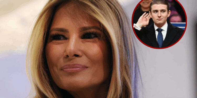 (Background) First lady Melania Trump appears at the New York Stock Exchange (NYSE) where she rang the opening bell on January 28, 2026 in New York City. Mrs. Trump made the appearance as part of her publicity tour for the film, "Melania" which documents her life in the 20 days leading up to President Donald Trump’s second inauguration. (Photo by Spencer Platt/Getty Images) / (R) Barron Trump gestures after being acknowledged by his father US President Donald Trump during the inaugural parade inside Capital One Arena, in Washington, DC, on January 20, 2025. (Photo by ANGELA WEISS / AFP) (Photo by ANGELA WEISS/AFP via Getty Images)