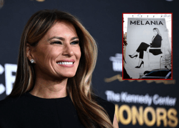 (Background) US President Donald Trump and First Lady Melania Trump arrive for the 48th Kennedy Center Honors gala at the Kennedy Center in Washington, DC, on December 7, 2025. (Photo by Brendan SMIALOWSKI / AFP via Getty Images) / (R) Picture taken in Madrid on January 22, 2026 shows a giant advertising billboard for the documentary film "Melania" about US First Lady Melania Trump. The world premiere for the documentary "MELANIA" will take place at the Trump-Kennedy Center (formerly the Kennedy Center) in Washington, D.C., on the eve of its global theatrical release scheduled for January 30, 2026. (Photo by Thomas COEX / AFP via Getty Images)