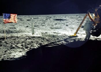 This 20 July, 1969 file photo released by NASA shows the lunar lander and the US flag taken by Apollo 11 astronaut Edwin E. "Buzz" Aldrin, Jr. on the surface of the Moon. The date 20 July, 1999 marks the 30th anniversary of the Apollo 11 mission and man
