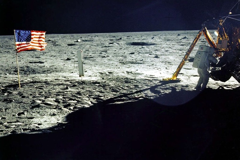 This 20 July, 1969 file photo released by NASA shows the lunar lander and the US flag taken by Apollo 11 astronaut Edwin E. "Buzz" Aldrin, Jr. on the surface of the Moon. The date 20 July, 1999 marks the 30th anniversary of the Apollo 11 mission and man