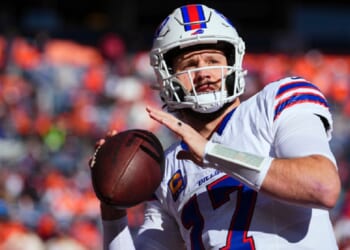 Buffalo Bills quarterback Josh Allen throws a warmup pass before his Jan. 17 playoff game against the Denver Broncos.