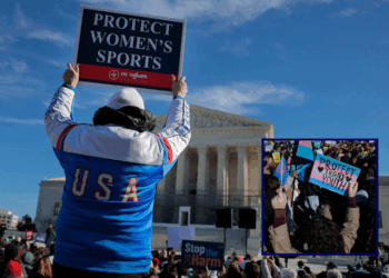 (Background) Protesters against transgender athletes competing in women
