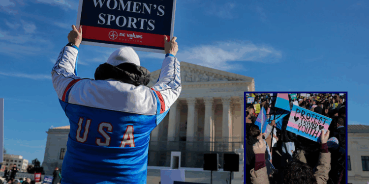 (Background) Protesters against transgender athletes competing in women