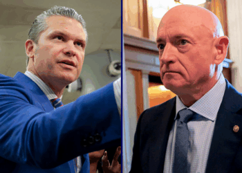 (L) U.S. Secretary of War Pete Hegseth speaks to the media following a closed door briefing with senators on the U.S. the capture of Venezuela’s Nicolas Maduro and his wife, Cilia Flores, at the U.S. Capitol on January 7, 2026 in Washington, DC. Maduro and Flores were taken to New York on January 3 after they were captured by the U.S. military in Caracas. (Photo by Heather Diehl/Getty Images) / (R) Senator Mark Kelly (D-AZ) leaves the Senate floor after speaking on January 12, 2026 in Washington, DC. Kelly spoke about the lawsuit he filed against United States Secretary of War Pete Hegseth