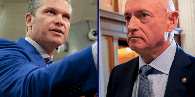 (L) U.S. Secretary of War Pete Hegseth speaks to the media following a closed door briefing with senators on the U.S. the capture of Venezuela’s Nicolas Maduro and his wife, Cilia Flores, at the U.S. Capitol on January 7, 2026 in Washington, DC. Maduro and Flores were taken to New York on January 3 after they were captured by the U.S. military in Caracas. (Photo by Heather Diehl/Getty Images) / (R) Senator Mark Kelly (D-AZ) leaves the Senate floor after speaking on January 12, 2026 in Washington, DC. Kelly spoke about the lawsuit he filed against United States Secretary of War Pete Hegseth