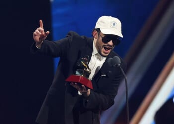 TOPSHOT - Puerto Rican singer Bad Bunny accepts the Album of the Year award for "DeBI TIRAR MaS FOToS" during the 26th Annual Latin Grammy Awards at the MGM Grand Garden Arena in Las Vegas, Nevada on November 13, 2025. (Photo by VALERIE MACON / AFP) / RESTRICTED TO EDITORIAL USE (Photo by VALERIE MACON/AFP via Getty Images)