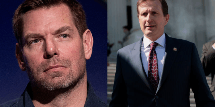 (L) Democratic United States Representative Eric Swalwell attends the SEIU-United Service Workers West (SEIU-USWW)