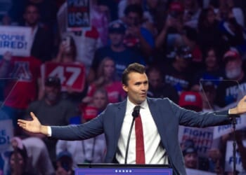 Turning Point USA founder Charlie Kirk speaks during a campaign rally for President Donald Trump at Desert Diamond Arena on Aug. 23, 2024, in Glendale, Arizona.