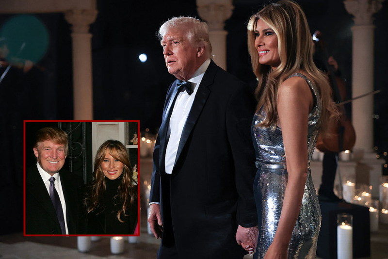 (Background) U.S. President Donald Trump and first lady Melania Trump arrive for a New Year’s Eve event at his Mar-a-Lago home on December 31, 2025 in Palm Beach, Florida. The president addressed guests and celebrated the arrival of 2026. (Photo by Joe Raedle/Getty Images) / (L) Newlyweds Donald Trump (L) and Melania Trump pose for pictures backstage with actor Billy Crystal (R) and wife Janice Crystal after watching Crystal's Broadway show "700 Sundays" on February 16, 2005 in New York City. (Photo by Peter Kramer/Getty Images)