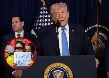 (Background) U.S. President Donald Trump addresses the media during a news conference at his Mar-a-Lago club on January 03, 2026, in Palm Beach, Florida. President Trump confirmed that the U.S. military carried out a large-scale strike in Caracas overnight, resulting in the capture of Venezuelan leader Nicolas Maduro and his wife, Cilia Flores. (Photo by Joe Raedle/Getty Images) / (L) People react to the news of the capture of Venezuelan President Nicolas Maduro, after US military actions in Venezuela this morning, in Doral, Florida, near Miami on January 3, 2026. US President Donald Trump said Saturday that the United States will "run" Venezuela and tap its huge oil reserves after snatching leftist leader Nicolas Maduro out of the country during a bombing raid on Caracas. Trump