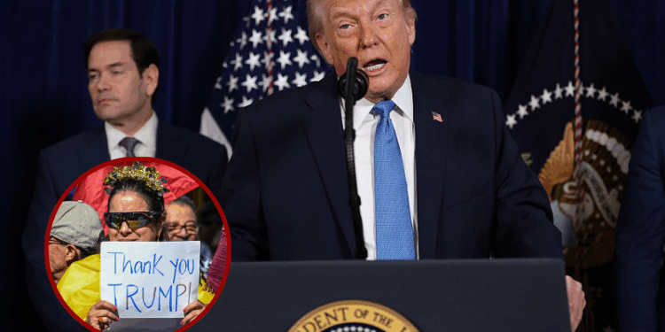 (Background) U.S. President Donald Trump addresses the media during a news conference at his Mar-a-Lago club on January 03, 2026, in Palm Beach, Florida. President Trump confirmed that the U.S. military carried out a large-scale strike in Caracas overnight, resulting in the capture of Venezuelan leader Nicolas Maduro and his wife, Cilia Flores. (Photo by Joe Raedle/Getty Images) / (L) People react to the news of the capture of Venezuelan President Nicolas Maduro, after US military actions in Venezuela this morning, in Doral, Florida, near Miami on January 3, 2026. US President Donald Trump said Saturday that the United States will "run" Venezuela and tap its huge oil reserves after snatching leftist leader Nicolas Maduro out of the country during a bombing raid on Caracas. Trump