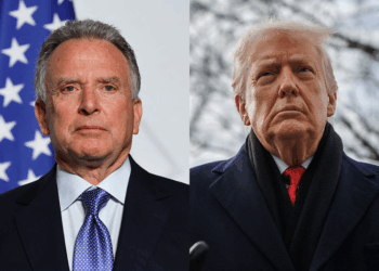 (L) US Special Envoy Steve Witkoff looks on as he delivers a press conference upon the signing of the declaration on deploying post-ceasefire force in Ukraine during the Coalition of the Willing summit on security guarantees for Ukraine, at the Elysee Palace in Paris on January 6, 2026. The summit of the group of Ukraine supporters dubbed the "Coalition of the Willing" is the latest of several meetings planned for the new year as diplomatic efforts to end Europe