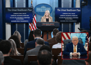 (Background) White House Press Secretary Karoline Leavitt speaks during a press briefing in the Brady Briefing Room of the White House in Washington, DC, on January 15, 2026. (Photo by Mandel NGAN / AFP via Getty Images) / (R) President Donald Trump in the Oval Office of the White House (via: the White House)
