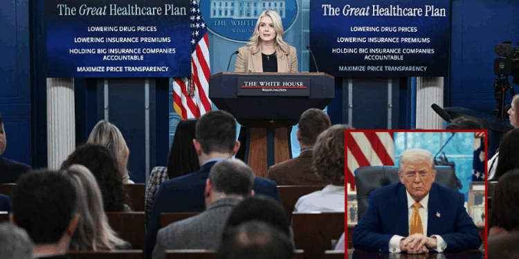 (Background) White House Press Secretary Karoline Leavitt speaks during a press briefing in the Brady Briefing Room of the White House in Washington, DC, on January 15, 2026. (Photo by Mandel NGAN / AFP via Getty Images) / (R) President Donald Trump in the Oval Office of the White House (via: the White House)