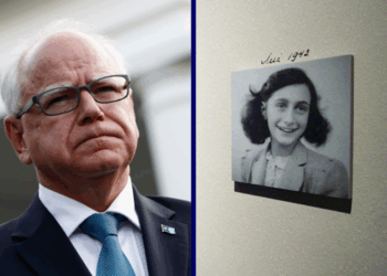 (L) Minnesota Gov. Tim Walz speaks to reporters after a meeting with U.S. President Joe Biden at the White House on July 03, 2024 in Washington, DC. (Photo by Anna Moneymaker/Getty Images) / (R) The new Anne Frank exhibit at The United States Holocaust Memorial Museum in Washington, DC. (TIM SLOAN/AFP via Getty Images)