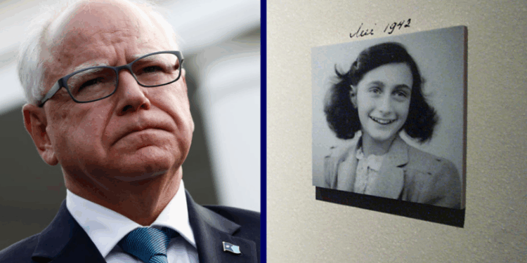 (L) Minnesota Gov. Tim Walz speaks to reporters after a meeting with U.S. President Joe Biden at the White House on July 03, 2024 in Washington, DC. (Photo by Anna Moneymaker/Getty Images) / (R) The new Anne Frank exhibit at The United States Holocaust Memorial Museum in Washington, DC. (TIM SLOAN/AFP via Getty Images)
