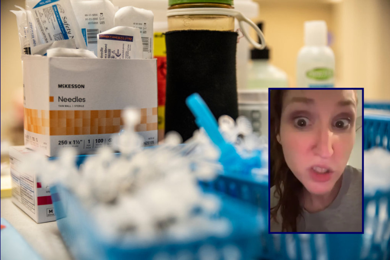 (Background) Syringes sit on a table at a vaccination site at a senior center on March 29, 2021 in San Antonio, Texas. Texas has opened up all vaccination eligibility to all adults starting today. Texas has had a slower roll out than some states and with the increase in eligibility leaders are hoping more and more citizens get vaccinated. (Photo by Sergio Flores/Getty Images) / (R) Screen capture of Melinda Cook (via: TikTok)