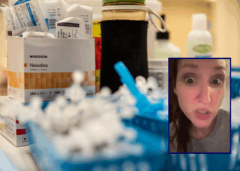 (Background) Syringes sit on a table at a vaccination site at a senior center on March 29, 2021 in San Antonio, Texas. Texas has opened up all vaccination eligibility to all adults starting today. Texas has had a slower roll out than some states and with the increase in eligibility leaders are hoping more and more citizens get vaccinated. (Photo by Sergio Flores/Getty Images) / (R) Screen capture of Melinda Cook (via: TikTok)