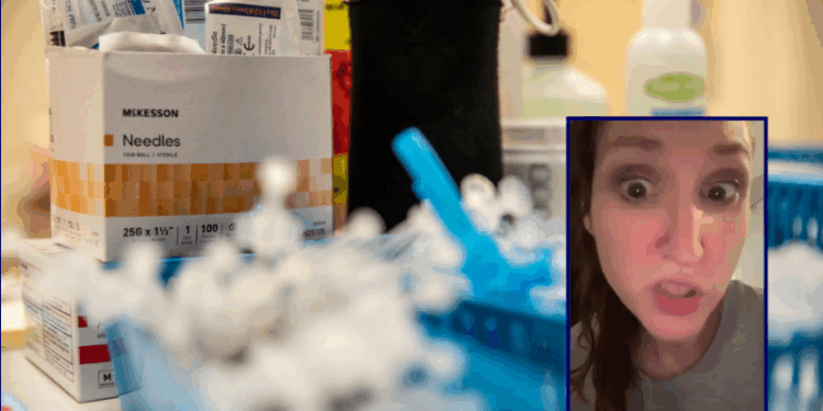 (Background) Syringes sit on a table at a vaccination site at a senior center on March 29, 2021 in San Antonio, Texas. Texas has opened up all vaccination eligibility to all adults starting today. Texas has had a slower roll out than some states and with the increase in eligibility leaders are hoping more and more citizens get vaccinated. (Photo by Sergio Flores/Getty Images) / (R) Screen capture of Melinda Cook (via: TikTok)