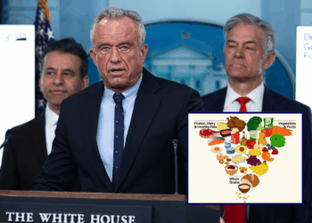 U.S. Secretary of Health and Human Services Robert F. Kennedy Jr. speaks during a news briefing in the James S. Brady Press Briefing Room of the White House on January 07, 2026 in Washington, DC. Kennedy and U.S. Secretary of Agriculture Brooke Rollins joined White House Press Secretary Karoline Leavitt to discuss new dietary guidelines encouraging the consumption of fewer processed foods and more whole foods, fruits, vegetables and saturated fat. (Photo by Alex Wong/Getty Images) / New food pyramid announced on Wednesday, January 7, 2026. (via: Department of Health and Human Services; X)