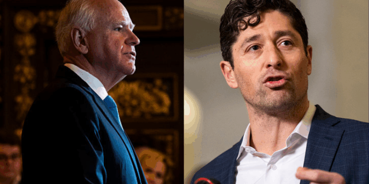 Minnesota Gov. Tim Walz speaks during a press conference at the State Capitol building on January 5, 2026 in St. Paul, Minnesota. Walz announced today that he is abandoning his re-election campaign for governor, blaming scrutiny from President Donald Trump for his decision. (Photo by Stephen Maturen/Getty Images) / Minneapolis Mayor Jacob Frey (C) speaks during a press conference at City Hall on January 09, 2026 in Minneapolis, Minnesota. Frey and local city officials are calling on federal investigators to turn over information to the Minnesota Bureau of Criminal Apprehension after the shooting death of Renee Good by a federal officer this week. (Photo by Stephen Maturen/Getty Images)