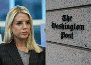 (L) US Attorney General Pam Bondi listens as President Donald Trump speaks to the press in the Oval Office at the White House, in Washington, DC, October 15, 2025. (Photo by ANDREW CABALLERO-REYNOLDS / AFP) (Photo by ANDREW CABALLERO-REYNOLDS/AFP via Getty Images) / (R) The building of the Washington Post newspaper headquarter is seen on K Street in Washington DC on May 16, 2019. - The Washington Post is a major American daily newspaper published in Washington, D.C., with a particular emphasis on national politics and the federal government. It has the largest circulation in the Washington metropolitan area. (Photo by Eric BARADAT / AFP) (Photo by ERIC BARADAT/AFP via Getty Images)