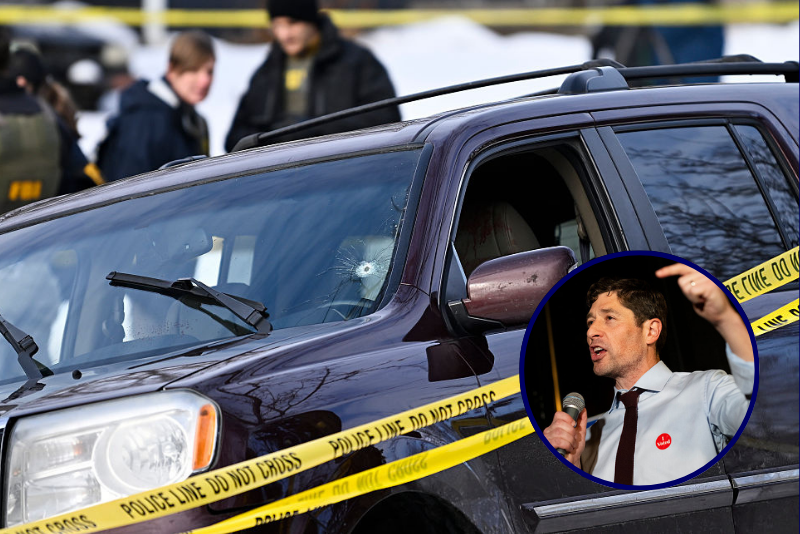 Police tape surrounds a vehicle suspected to be involved in a shooting by an ICE agent during federal law enforcement operations on January 07, 2026 in Minneapolis, Minnesota. According to federal officials, the agent, “fearing for his life” killed a woman during a confrontation in south Minneapolis. (Photo by Stephen Maturen/Getty Images) / Minneapolis Mayor Jacob Frey speaks at an Election Night party on November 4, 2025 in Minneapolis, Minnesota. Frey, the incumbent, seeks reelection to his third term while opposed by three other Democrats. (Photo by Stephen Maturen/Getty Images)