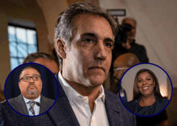 (Background) Michael Cohen returns to the courthouse after a break to resume trial where he is testifying against former US President Donald Trump in New York City on October 24, 2023. As former US President Donald Trump arrived at his New York civil fraud trial Tuesday he blasted his former right-hand man Michael Cohen as a "liar," ahead of testimony by the disgraced lawyer that could expose his old boss