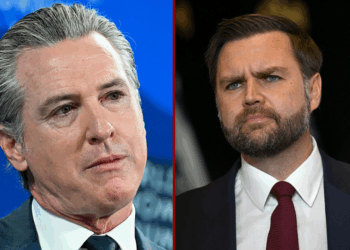 (Right) U.S. Vice President JD Vance gives remarks following a roundtable discussion with local leaders and community members amid a surge of federal immigration authorities in the area, at Royalston Square on in Minneapolis, Minnesota. (Photo by Brandon Bell/Getty Images) / (Left) US Governor Of California Gavin Newsom looks on during the World Economic Forum (WEF) annual meeting in Davos. (Photo by Fabrice COFFRINI / AFP via Getty Images)