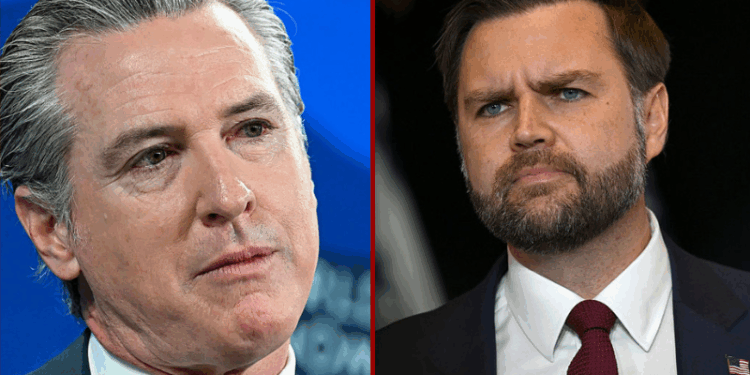 (Right) U.S. Vice President JD Vance gives remarks following a roundtable discussion with local leaders and community members amid a surge of federal immigration authorities in the area, at Royalston Square on in Minneapolis, Minnesota. (Photo by Brandon Bell/Getty Images) / (Left) US Governor Of California Gavin Newsom looks on during the World Economic Forum (WEF) annual meeting in Davos. (Photo by Fabrice COFFRINI / AFP via Getty Images)