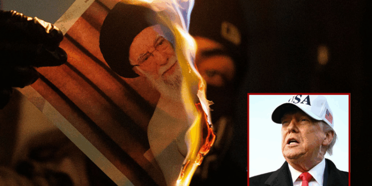 (Background) A protester burns an image of Ali Khamenei, Supreme Leader of Iran during a protest outside the Iranian Embassy on January 14, 2026 in London, England. On Tuesday Foreign Secretary Yvette Cooper announced "full and further sanctions" against Iran in reaction to the regime