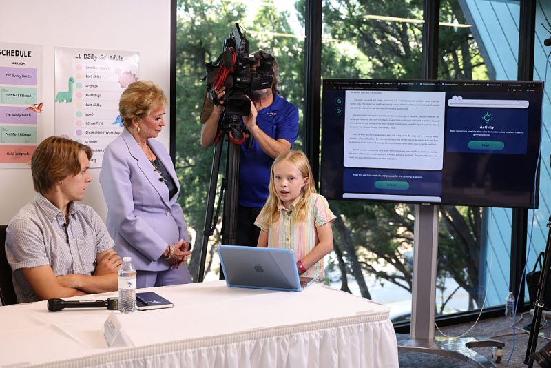 AUSTIN, TEXAS - SEPTEMBER 09: (L-R) Noah Lightfoot, U.S. Secretary of Education Linda McMahon, and Everest Nevraumont participate in a roundtable discussion at Alpha School Austin on September 09, 2025 in Austin, Texas. (Photo by Rick Kern/Getty Images for Alpha School)