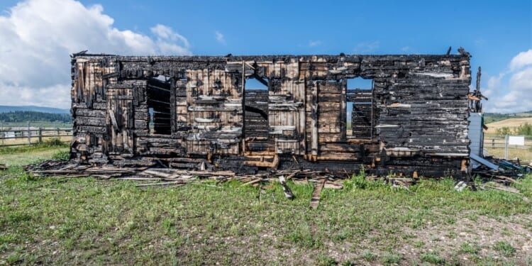 The ruins of a church burned in a fire in Morley, Alberta.