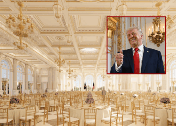 Rendering of White House ballroom (White House) - US President Donald Trump gives a thumbs up as he arrives at a dedication ceremony for Southern Boulevard, in the ballroom at Mar-a-Lago in Palm Beach, Florida, on January 16, 2026. (Photo by ANDREW CABALLERO-REYNOLDS / AFP via Getty Images)