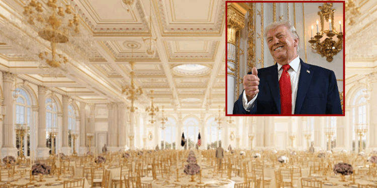 Rendering of White House ballroom (White House) - US President Donald Trump gives a thumbs up as he arrives at a dedication ceremony for Southern Boulevard, in the ballroom at Mar-a-Lago in Palm Beach, Florida, on January 16, 2026. (Photo by ANDREW CABALLERO-REYNOLDS / AFP via Getty Images)