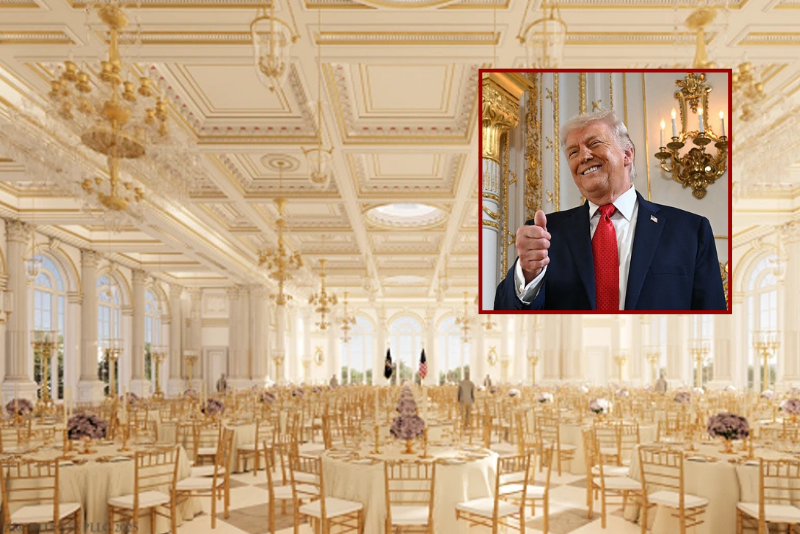 Rendering of White House ballroom (White House) - US President Donald Trump gives a thumbs up as he arrives at a dedication ceremony for Southern Boulevard, in the ballroom at Mar-a-Lago in Palm Beach, Florida, on January 16, 2026. (Photo by ANDREW CABALLERO-REYNOLDS / AFP via Getty Images)