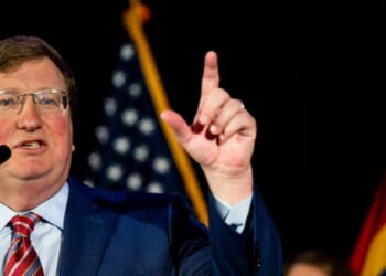Mississippi Republican Gov. Tate Reeves speaks to supporters during an election night watch party at The Refuge Hotel & Conference Center on Nov. 7, 2023, in Flowood, Mississippi.