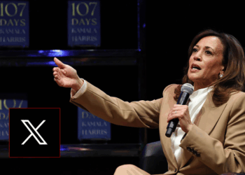 LOS ANGELES, CALIFORNIA - SEPTEMBER 29: Former U.S. Vice President Kamala Harris speaks at the Wiltern Theatre on September 29, 2025 in Los Angeles, California. Harris is in the midst of a 15-city book tour following the release of her new book “107 Days,” recounting her presidential campaign against President Donald Trump. (Photo by Mario Tama/Getty Images) / This illustration photograph shows logos of X (formerly Twitter) social network in Brussels on September 29, 2025. (Photo by Nicolas TUCAT / AFP) (Photo by NICOLAS TUCAT/AFP via Getty Images)
