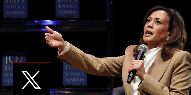 LOS ANGELES, CALIFORNIA - SEPTEMBER 29: Former U.S. Vice President Kamala Harris speaks at the Wiltern Theatre on September 29, 2025 in Los Angeles, California. Harris is in the midst of a 15-city book tour following the release of her new book “107 Days,” recounting her presidential campaign against President Donald Trump. (Photo by Mario Tama/Getty Images) / This illustration photograph shows logos of X (formerly Twitter) social network in Brussels on September 29, 2025. (Photo by Nicolas TUCAT / AFP) (Photo by NICOLAS TUCAT/AFP via Getty Images)