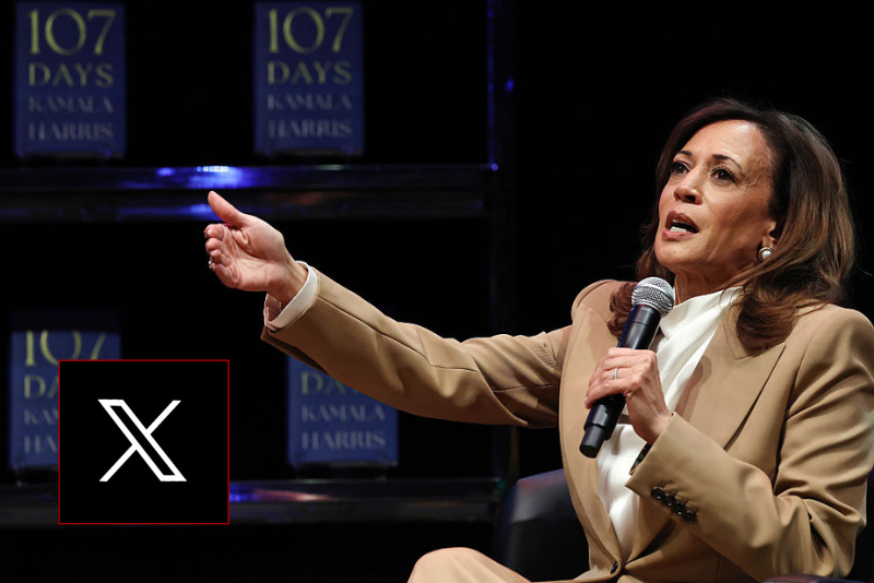 LOS ANGELES, CALIFORNIA - SEPTEMBER 29: Former U.S. Vice President Kamala Harris speaks at the Wiltern Theatre on September 29, 2025 in Los Angeles, California. Harris is in the midst of a 15-city book tour following the release of her new book “107 Days,” recounting her presidential campaign against President Donald Trump. (Photo by Mario Tama/Getty Images) / This illustration photograph shows logos of X (formerly Twitter) social network in Brussels on September 29, 2025. (Photo by Nicolas TUCAT / AFP) (Photo by NICOLAS TUCAT/AFP via Getty Images)