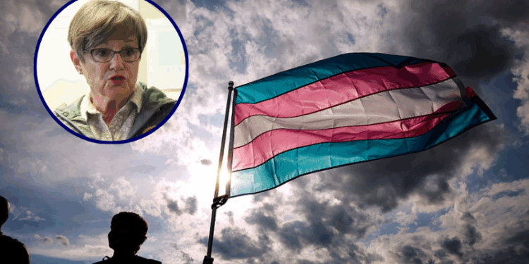 (Background) A transgender rights activist holds a flag during the Trans Day Of Visibility rally on the National Mall on March 31, 2025 in Washington City. Trans, non-binary, and gender-expansive people and supporters took part in rallies around the country to fight for trans rights and equality on International Transgender Day of Visibility. (Photo by Kayla Bartkowski/Getty Images) / (L) Incumbent Democratic Kansas Gov. Laura Kelly speaks to volunteers and supporters during a "Get Out The Vote" canvassing event at Shawnee County Democrats office on November 7, 2022 in Topeka, Kansas. Kelly faces Republican state Attorney General Derek Schmidt in her reelection bid on Tuesday. (Photo by Michael B. Thomas/Getty Images)