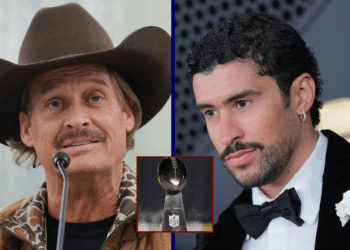 (R) Musician Kid Rock speaks during a subcommittee hearing with the Senate Committee on Commerce, Science, and Transportation in the Russell Senate Office Building on January 28, 2026 in Washington, DC. (Photo by Anna Moneymaker/Getty Images) / (L) Puerto Rican singer Bad Bunny arrives for the 68th Annual Grammy Awards at the Crypto.com Arena in Los Angeles on February 1, 2026. (Photo by Etienne LAURENT / AFP via Getty Images) / (C) A detailed view of the Vince Lombardi Trophy during Super Bowl LX Opening Night at San Jose McEnery Convention Center on February 02, 2026 in San Jose, California. (Photo by Chris Graythen/Getty Images)