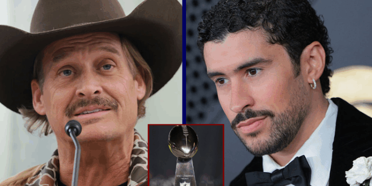 (R) Musician Kid Rock speaks during a subcommittee hearing with the Senate Committee on Commerce, Science, and Transportation in the Russell Senate Office Building on January 28, 2026 in Washington, DC. (Photo by Anna Moneymaker/Getty Images) / (L) Puerto Rican singer Bad Bunny arrives for the 68th Annual Grammy Awards at the Crypto.com Arena in Los Angeles on February 1, 2026. (Photo by Etienne LAURENT / AFP via Getty Images) / (C) A detailed view of the Vince Lombardi Trophy during Super Bowl LX Opening Night at San Jose McEnery Convention Center on February 02, 2026 in San Jose, California. (Photo by Chris Graythen/Getty Images)