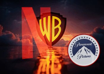 (Background) Double exposure photograph of the Netflix logo and the Warner Bros logo at Kerlouan in Brittany in France on December 05 2025. (Photo by Vincent Feuray / Hans Lucas / AFP via Getty Images) / (R) The Paramount logo is seen at Paramount Studios in Los Angeles, California on December 9, 2025. Paramount on December 8 launched an all-cash tender offer to acquire Warner Bros. Discovery, the Hollywood giant that also owns CNN, in a challenge to Netflix